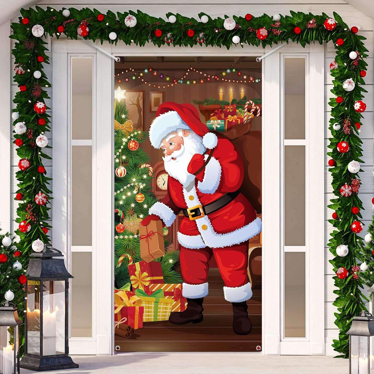 Garage Door Decorations - Merry Christmas Door Cover Christmas Hanging Banner Santa Door Cover Cloth Polyester Xmas Door Cover Christmas Door Decorations for House Wall Door Winter Holiday Party Supplies, 70.9 x 35.4 Inches