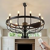Fiqevs 32-inch Farmhouse Chandelier Fan with Remote Control, DC Motor, 12 LED Lights, Reversible Quiet Operation, Industrial 