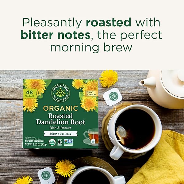 TRADITIONAL MEDICINALS TEA, ORGANIC ROASTED DANDELION ROOT, SUPPORTS KIDNEY FUNCTION & HEALTHY DIGESTION, 48 TEA BAGS