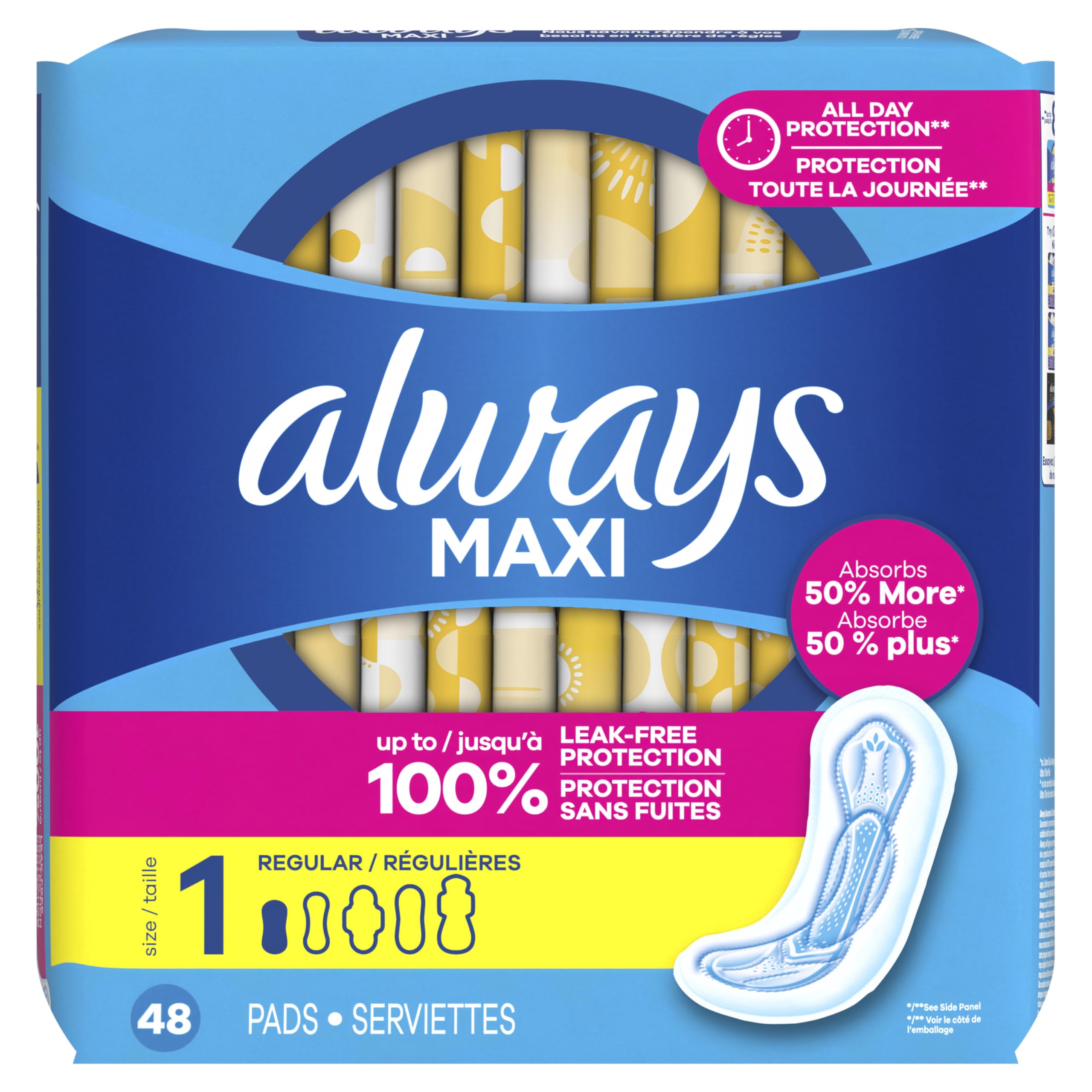 Always Maxi Feminine Pads Without Wings for Women, Size 1, Regular Absorbency, Unscented 48 Count