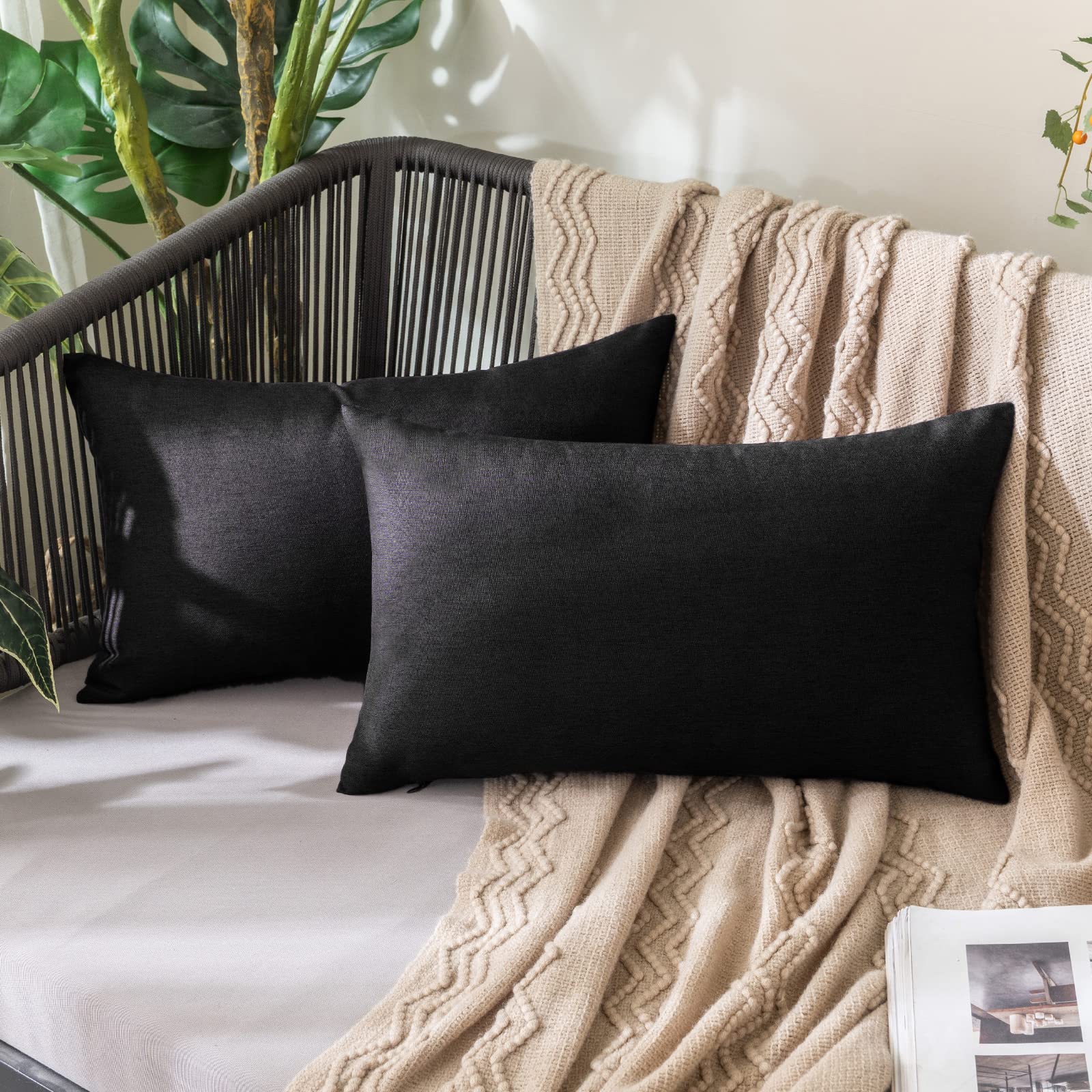 MIULEE Outdoor Waterproof Cushion Covers 12x20 Inches for Garden Furniture Water Resistant Pillow Covers Outside Scatter Cushions for Patio Couch Sofa Linen Balcony Set of 2, Black