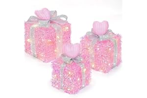 TURNMEON Timer & 8 Mode 3 Pack Pink Valentines Decorations Valentines Lighted Gift Boxes with Hearts Glitter Bow 60 LED Battery Operated Present Box Tree Skirt Pink Decor Room Wedding Valentines Gifts