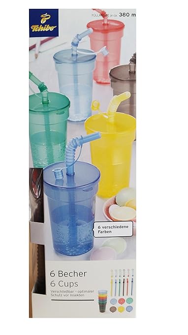 TCM Tchibo 6 x Becher Kunststoffbecher Plastikbecher mit Strohhalm & Deckel