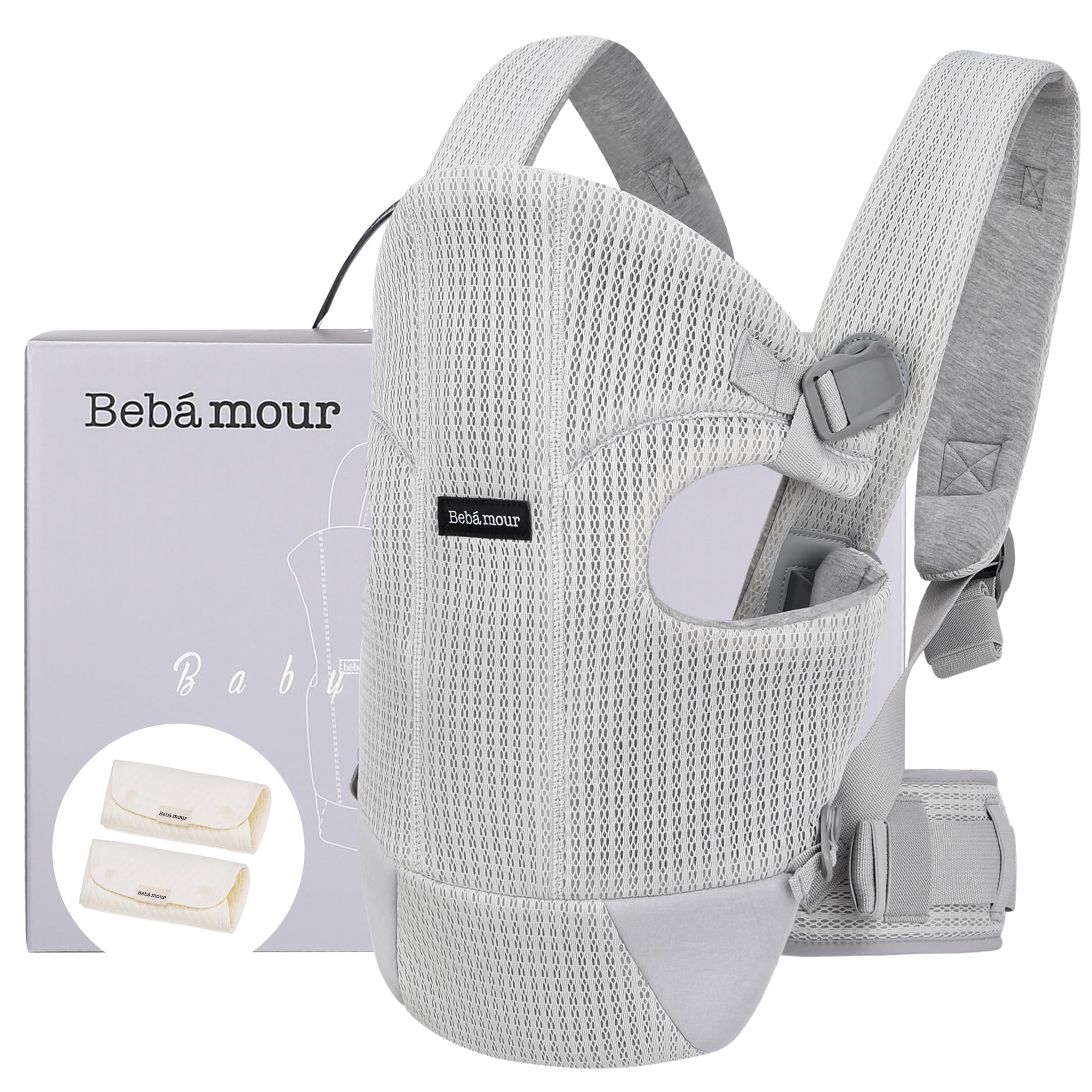 Bebamour Baby Carrier Front and Back Baby Carrier with 2 Shoulder Bibs, Light Grey