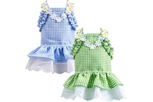 DOGGYZSTYLE 2 Pieces Dog Dresses for Small Dogs Girl Female Cute Plaid Dog Sundresses Puppy Cat Skirt Doggie Birthday Party Princess Dresses Pet Summer Clothes Apparel Costumes (Blue+Green,XL)