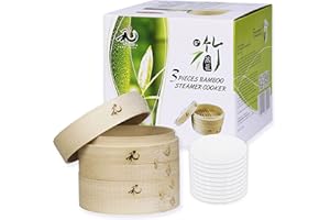 Yuho Asian Kitchen 6 Inch Bamboo Steamer Basket, Individually Box, 2 Tiers & Lid, 10 Parchment Liners, Perfect For Steaming Dumplings, Vegetables, Meat, Fish, Rice (Holiday Gifts)