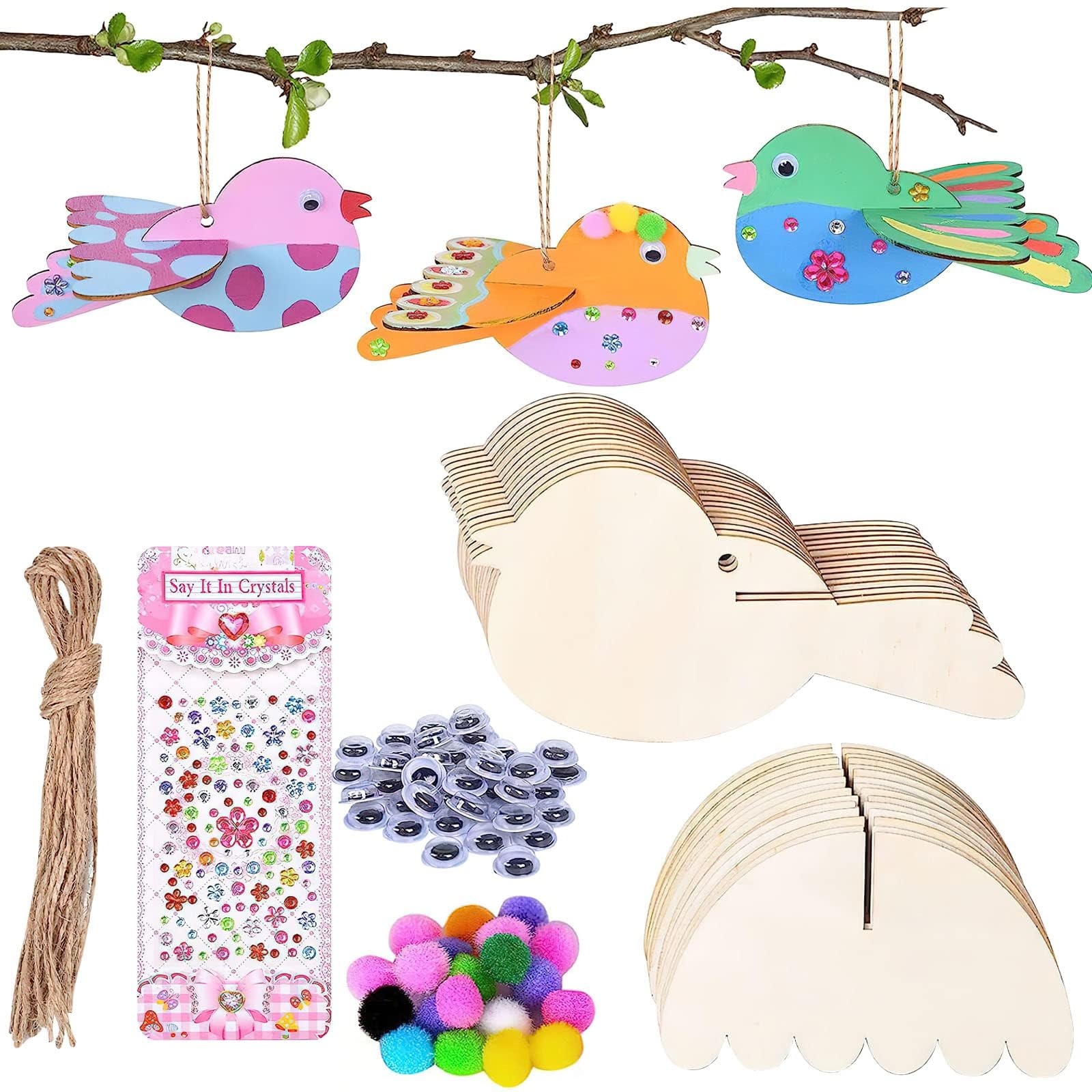 DAWRIS 16pcs 3D Wooden Birds Craft - Ideal for Kids' Arts and Crafts, Educational Toys, DIY Paint and Build Your Own Wooden Animal Crafts Set for Boys Girls Birthday Creative Activities Gift