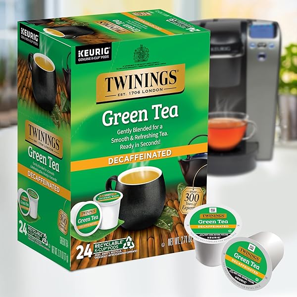 TWININGS DECAFFEINATED GREEN TEA K-CUP PODS FOR KEURIG, 24 COUNT (PACK OF 1), SMOOTH FLAVOUR, ENTICING AROMA, ENJOY HOT OR ICED