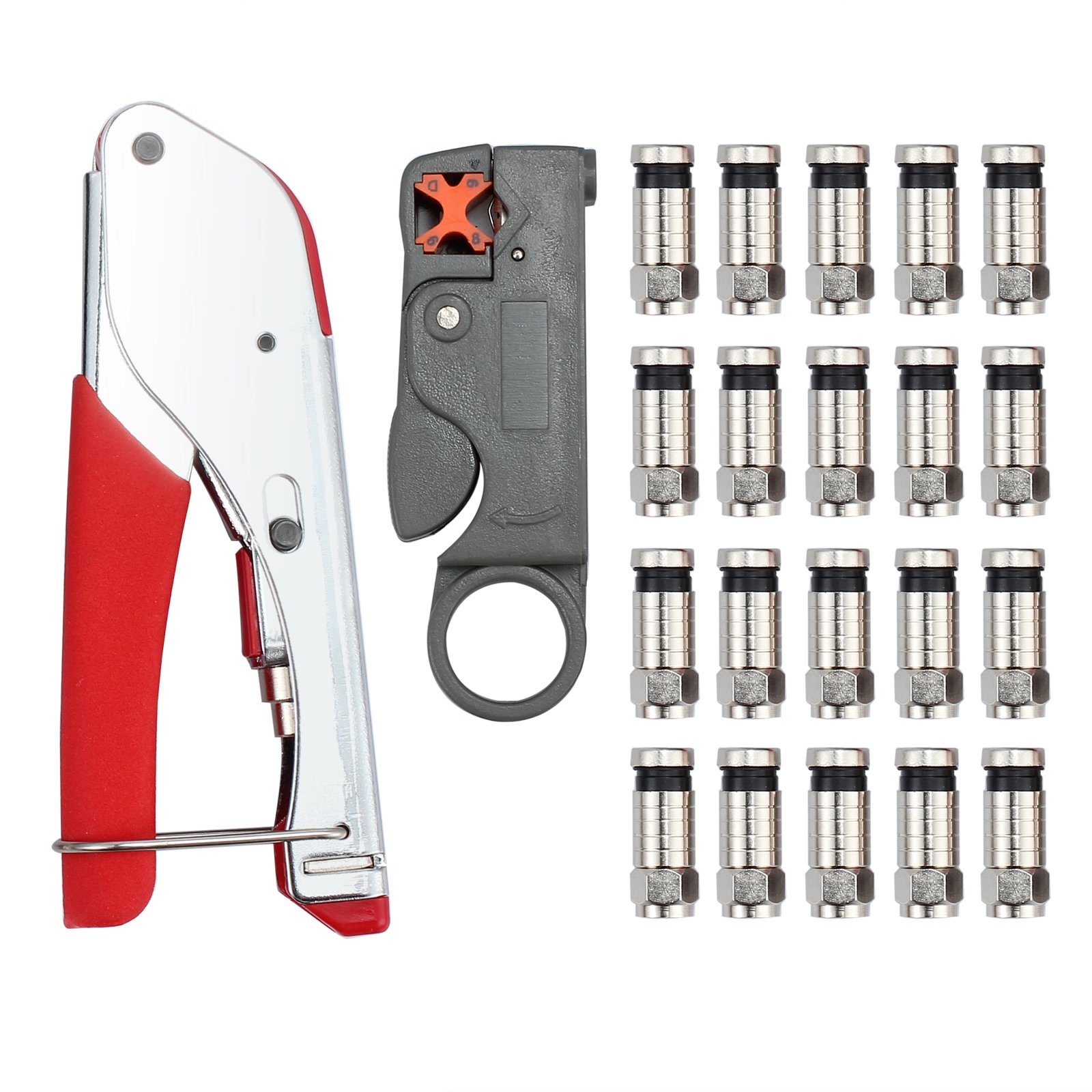 AMTOVL Coax Cable Crimper Coaxial Cable Compression Tool Kit with Compression Crimping Tool, Double Blade Rotary Cable Stripper and 20 F Type Connector for Coaxial Cable RG58 RG59 RG6 RG-62