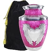 M MEILINXU Urn for Ashes for Woman & Male, Cremation Urns for Human Ashes Adult Female & Man, Burial Urns, Decorative Urns for Funeral, Silver Angel Wings and Heart-Shaped, Pink Urn for Woman -Large