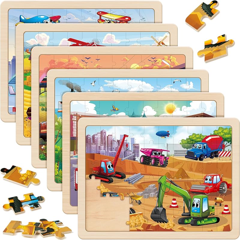 SYNARRY Wooden Vehicle Jigsaw Puzzles for Kids 3 4 5 6 7 8 60 Pieces