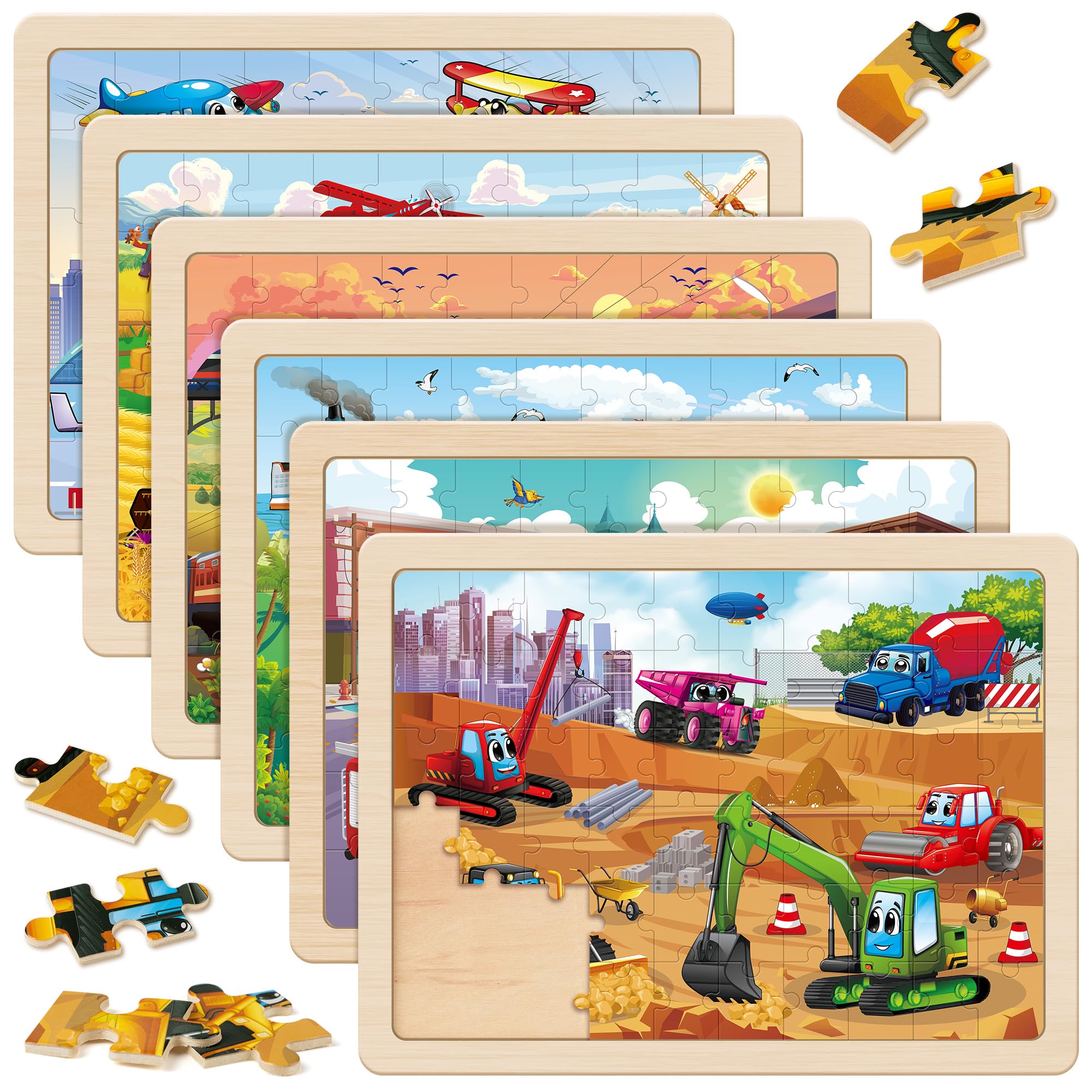 SYNARRY Wooden Vehicle Puzzles for Kids 3 4 5 6 7 8 Year Olds, 6 Packs 60 Piece Children’s Jigsaw Puzzles, Preschool Educational Toys Game Gifts for Toddlers Ages 4-8