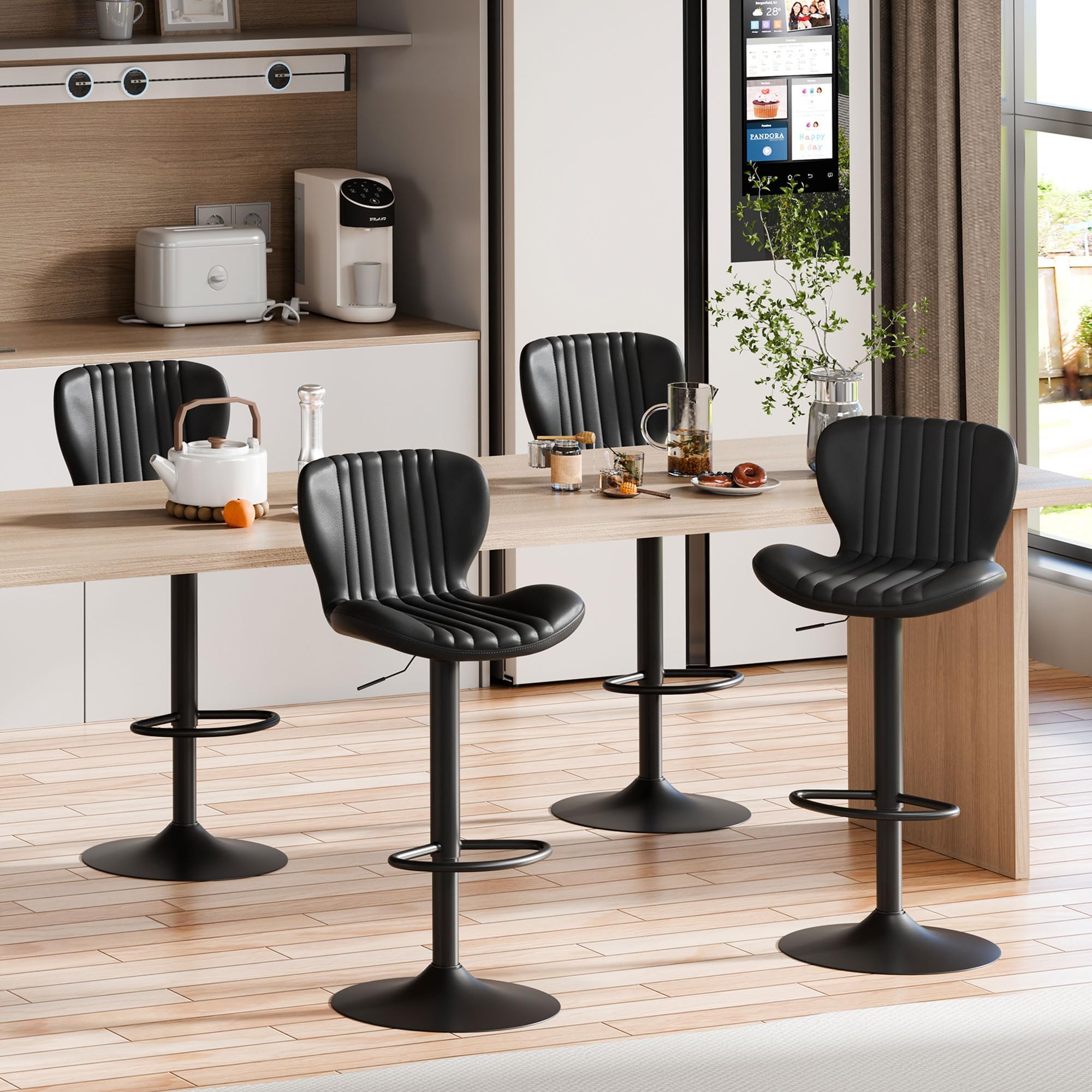 Photo 1 of **2 BARSTOOLS**Shintenchi Swivel Bar Stools Set of 4, Adjustable Faux Leather Upholstered Swivel Counter Stools, Armless Bar Height Island Chairs with Back and Footrest, Black. 