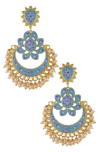 Amrapali Malya Gold Plated Sky Blue Enamelled Lotus Pearl Drops Earrings for Women (BM(EER)17-33)