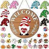 Qunclay Interchangeable Wooden Gnome Decor Holiday Seasonal Gnome Decorations with Magnet Pieces and Detachable Hats Changeable Welcome Sign for Home(Simple Style)