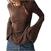 MakeMeChic Women's Lace Bell Sleeve T Shirt Crew Neck Textured Vintage Tee Tops