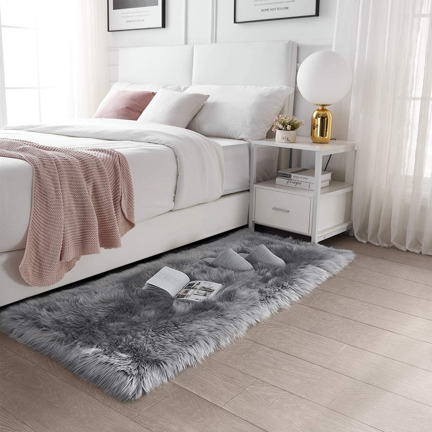 HLZDH Faux Lambskin Rug Luxurious Soft Artificial Wool Carpet for Living Room Bedroom Bathroom Sofa Chair Cushion (180 X 80 cm, Rectangular Grey)