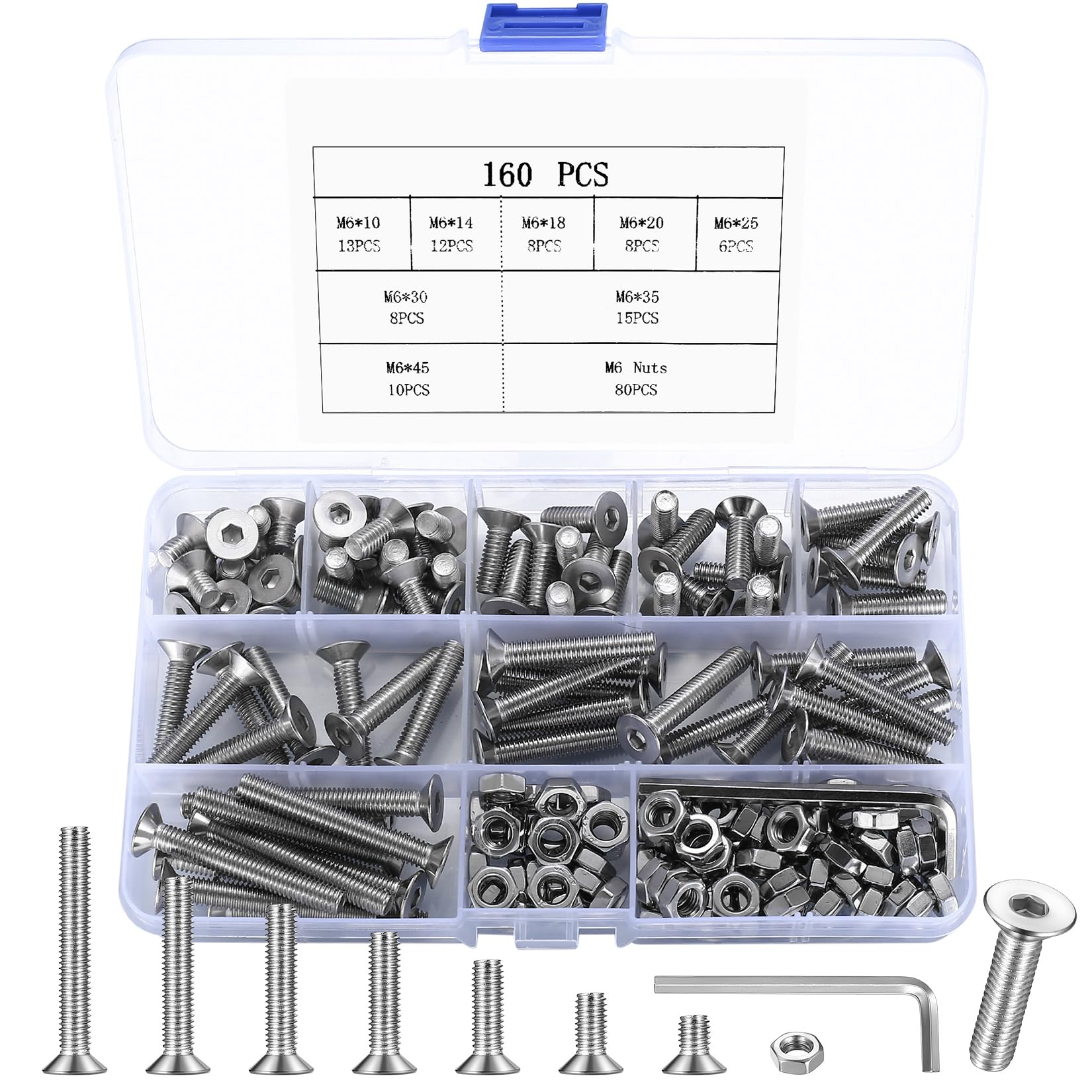160 Pcs M6 Bolts Set, Flat Head Hex Socket Head Cap Screws and Nuts Set, Countersunk, Stainless Steel Machine Screws Assortment Kit