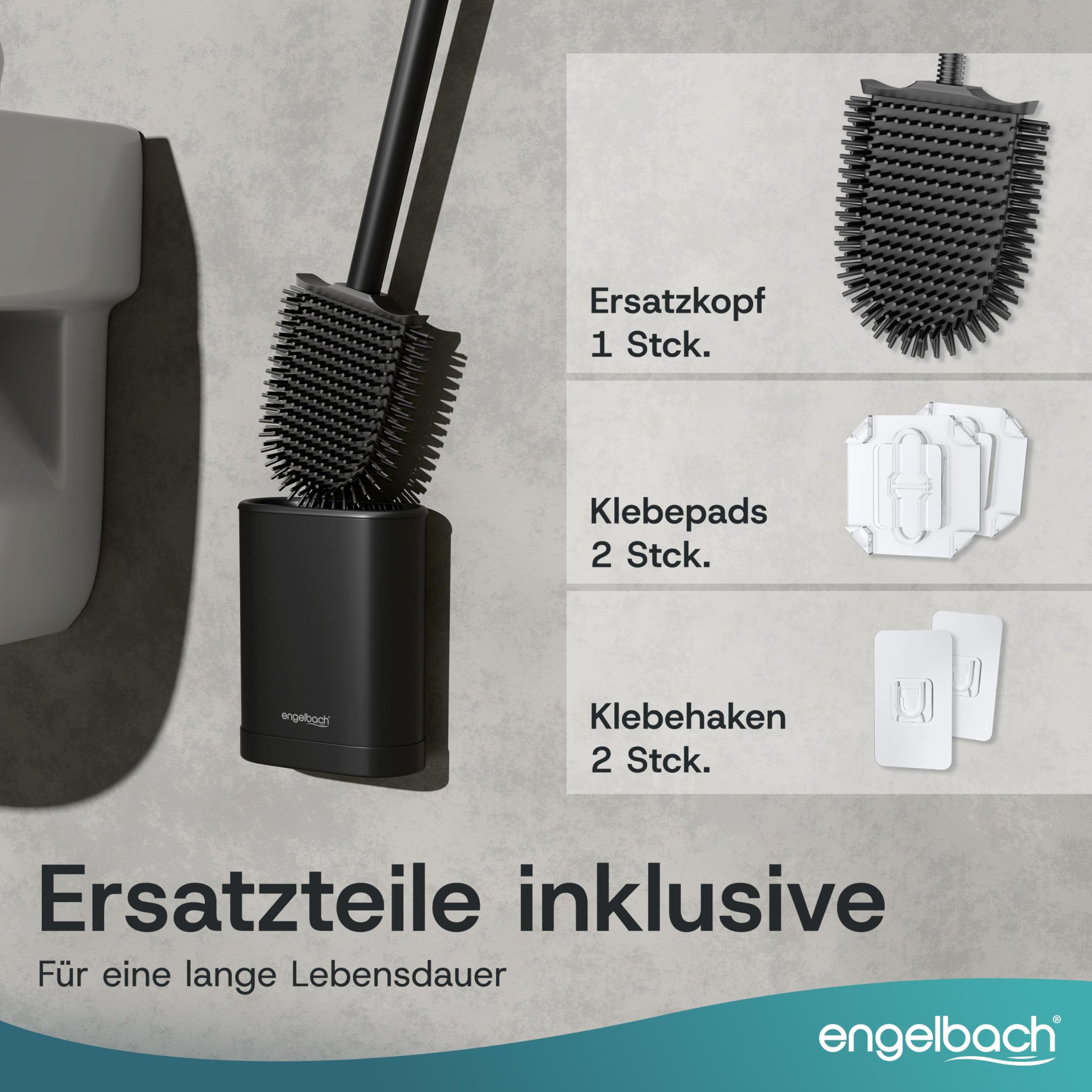 Engelbach® Klobürste Silikon mit Edelstahl Griff & Halter – Antibakterielle Toilettenbürste Wandmontage ohne Bohren – WC Bürste inkl. Ersatzbürstenkopf, schwarz 6