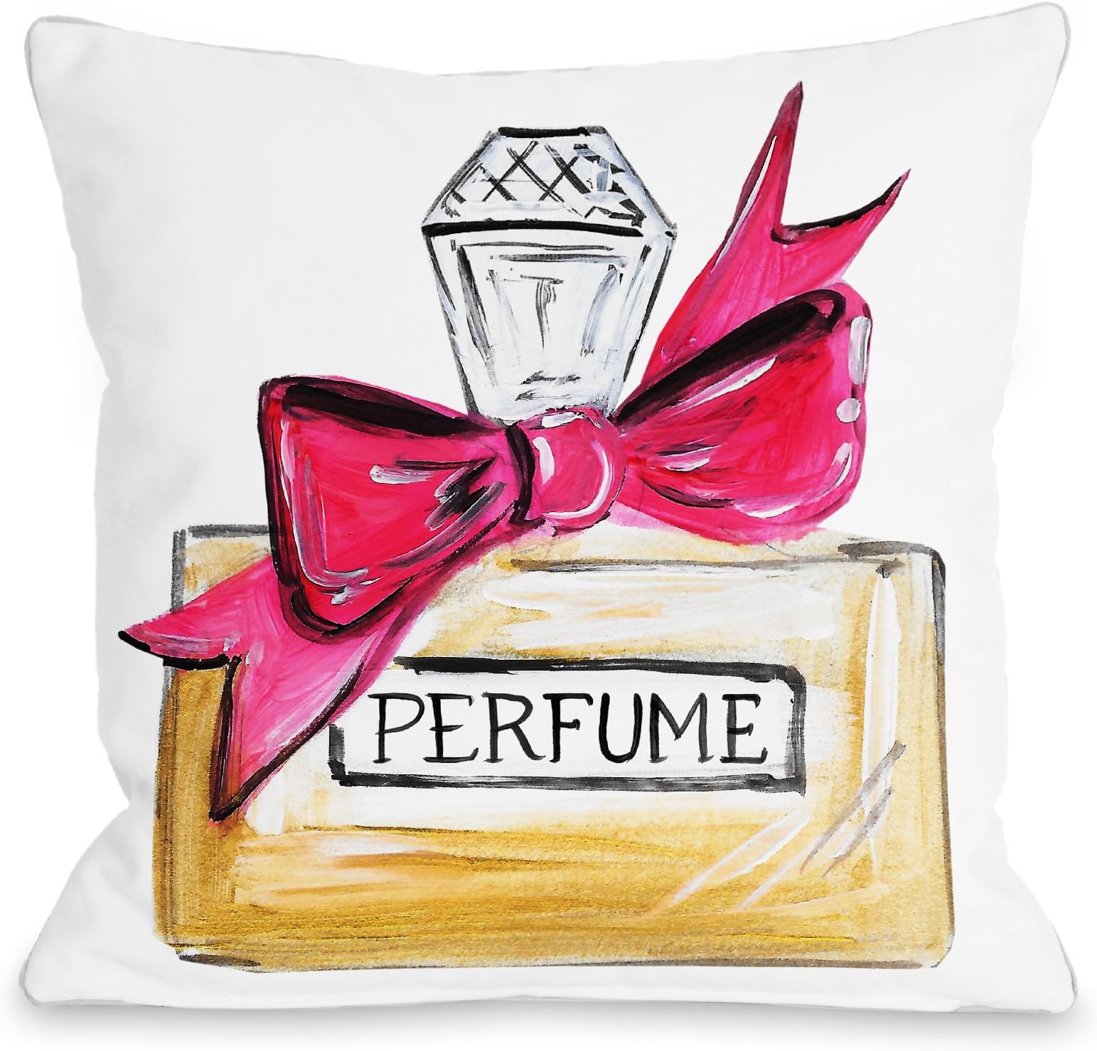 One Bella Casa Bow Perfume/Pink Quilted Throw Pillow by Timree Gold, 18"x 18", White/Pink