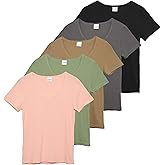 Real Essentials 5 Pack: Women's Ribbed V-Neck T-Shirt Short Sleeve Tee Shirt Soft Casual Lounge Everyday Top Ladies Teens