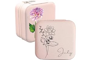 Personalized Jewelry Box,Travel Jewelry Case,Personalized Name & Birth Flower Month Jewelry Organizer, Gift for Girlfriend, M