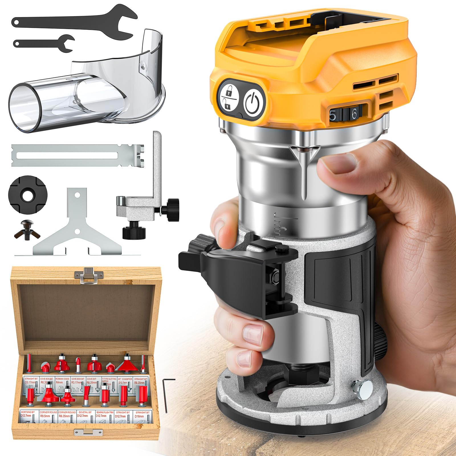 Photo 1 of MtiolHig Cordless Compact Router Compatible with DeWalt 20V Battery, With 15Pcs Router Bits 6 Variable Speeds for Woodworking, 800W Fixed Base Wood Router With Trim Bits, Edge & Roller Guide