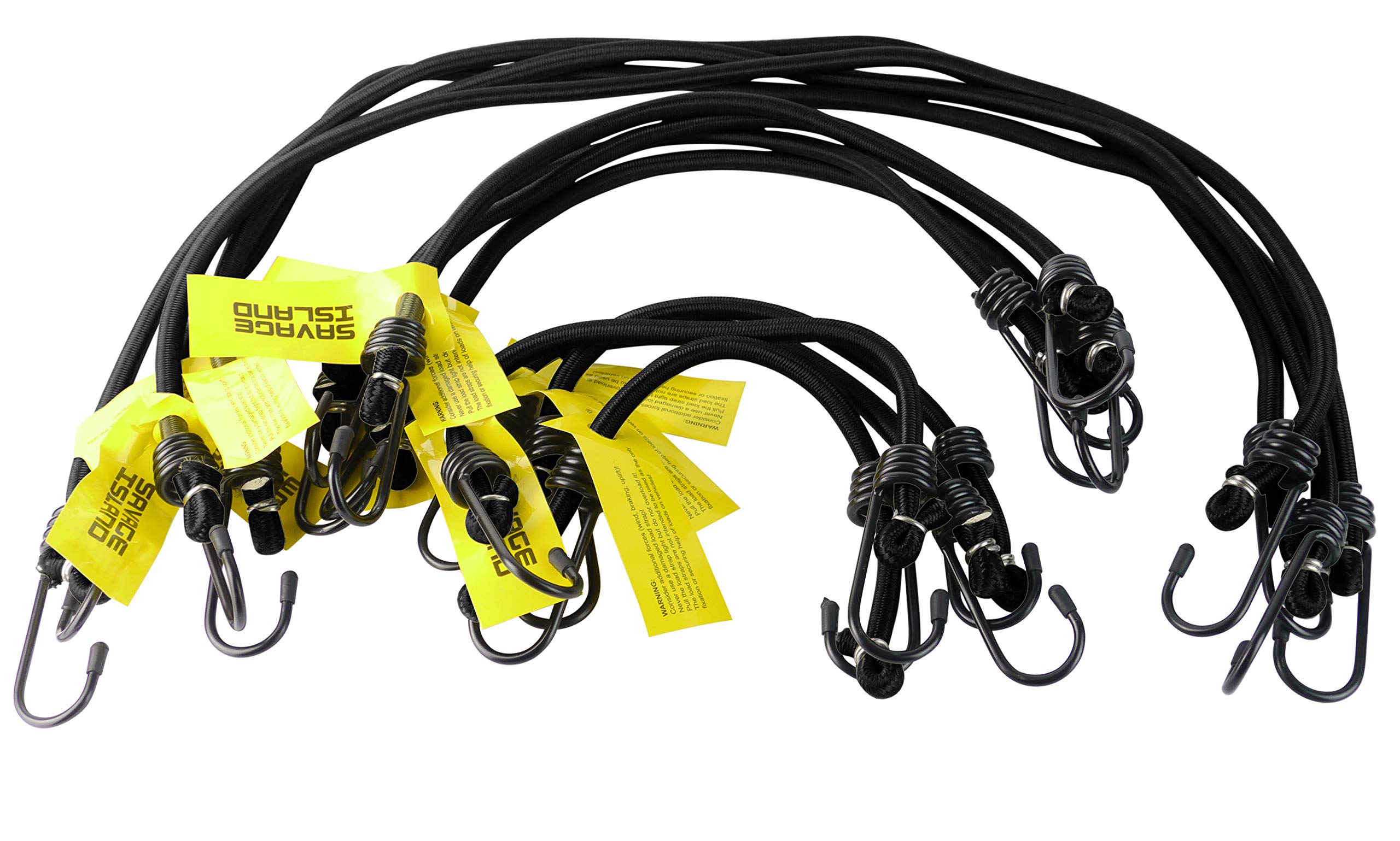 Savage Island Elasticated Bungees Cords Bungee Military Army Basha Straps Variety Pack - 4 x 12, 4 x 18 + 4 x 30 (Black)
