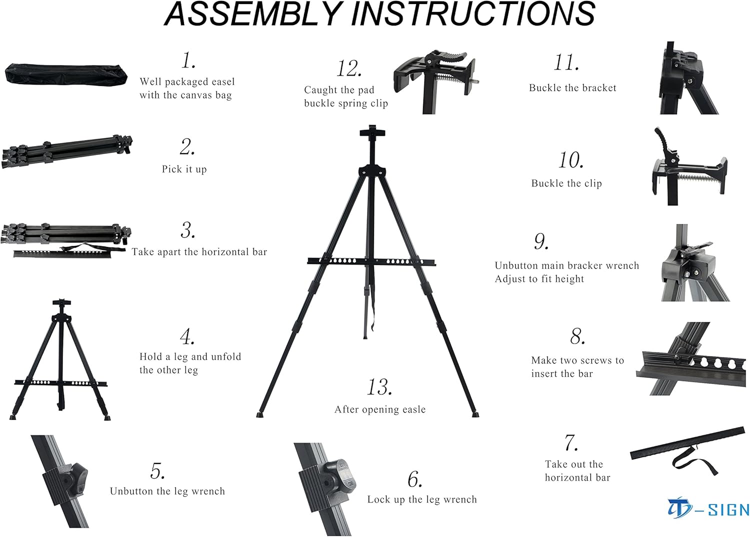 T-Sign 66" Reinforced Artist Easel Stand, Extra Thick Aluminum Metal Tripod Display Easel 21" to 66" Adjustable Height with Portable Bag for Floor/Table-Top Drawing and Displaying : Office Products