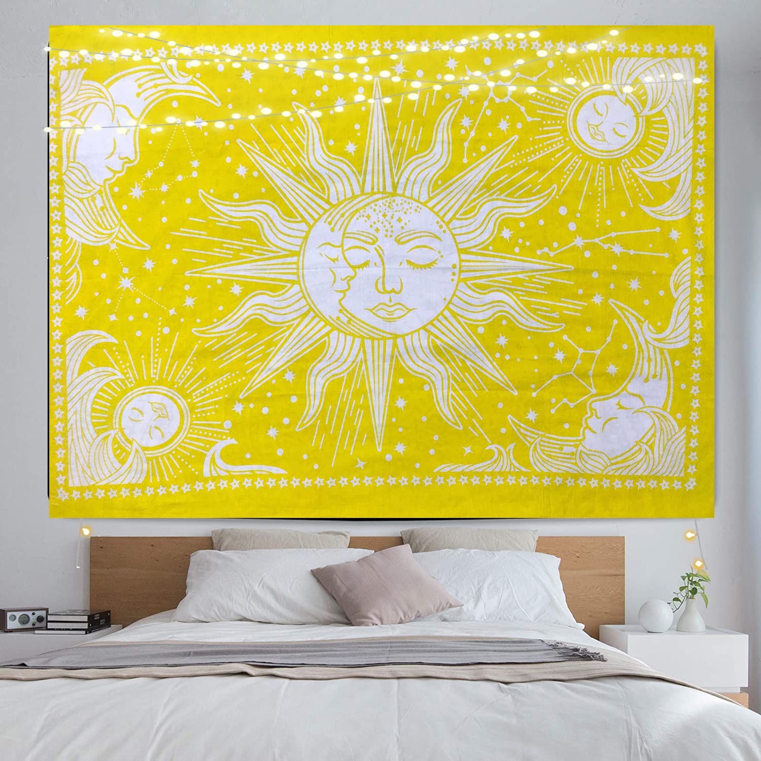 ICC Sun and Moon Tapestry Wall Sheet Hanging Room Decor Bedroom Aesthetic Tapestries Mystic Art Ceiling Blanket Home Living Psychedelic Mystical Star Yellow 30 x 40 Inches