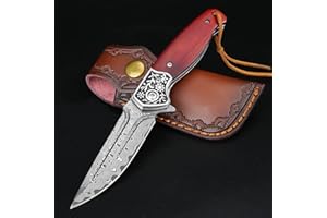 KOMWERO Damascus Pocket Knife, VG10 Damascus Steel Folding Knife with Wood Handle, Leather Sheath, Liner Lock, EDC Knife for Outdoor Survival Hunting Collection