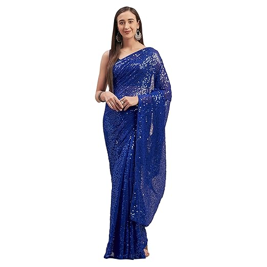 Womanista Georgette with Blouse Piece Saree (WM1270_Blue_OneSize)