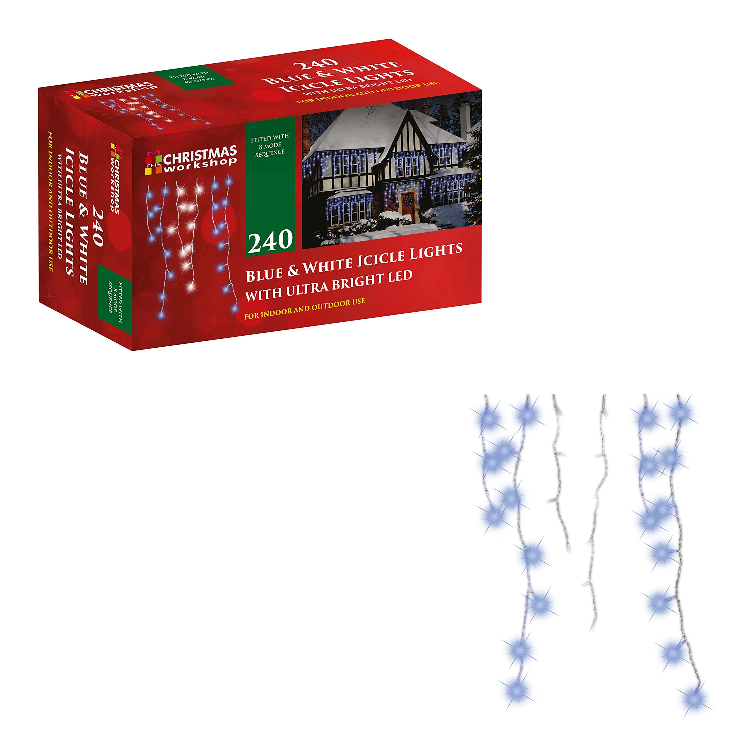 Christmas Workshop 78620 240 Icicle LED Outdoor Christmas Lights | 5.6 Metres | Blue & White Colour | Indoor & Outdoor Fairy Lights | Weddings & Gardens | 8 Functions | Mains Powered