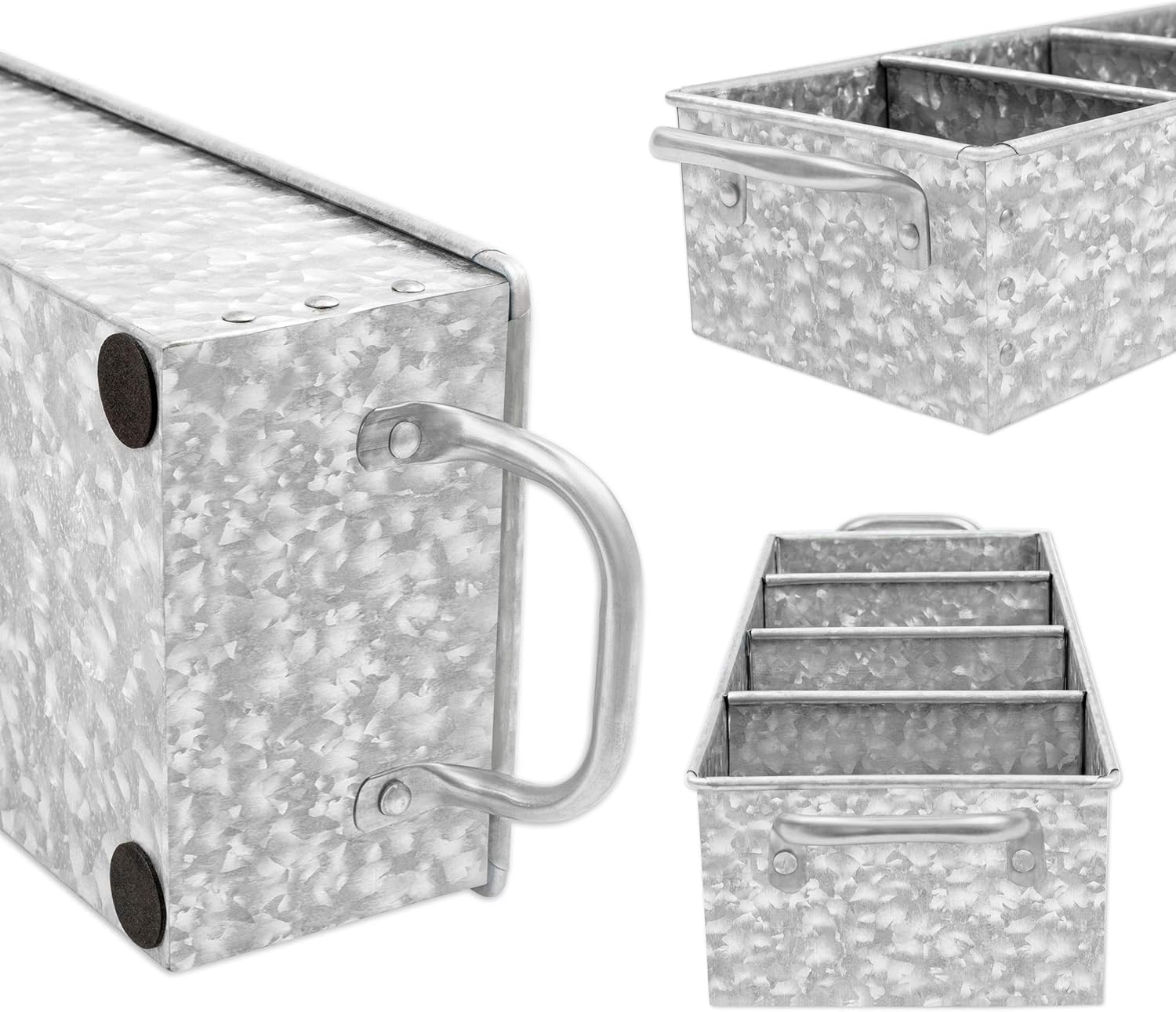 Walford Home Galvanized Farmhouse Decor Tray with Handles - Metal Caddy Organizer for Kitchen, Garden and Garage Tools - Outdoor, Rustic, Home Decor - Galvanized Tray and Storage with 4 Compartments : Garden & Outdoor