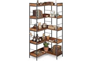 Bookshelf 5 Tier with 4 Hooks, Reversible Corner Bookshelf, 65" Industrial Wooden Bookcase with Open Shelves and Metal Frame 