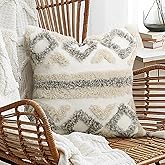 Merrycolor Boho Throw Pillow Covers 18x18 with Tassels White and Grey Decorative Throw Pillows Woven Tufted Pillowcase Modern Accent Bohemian Square Cushion Covers for Couch Sofa Bedroom Living Room