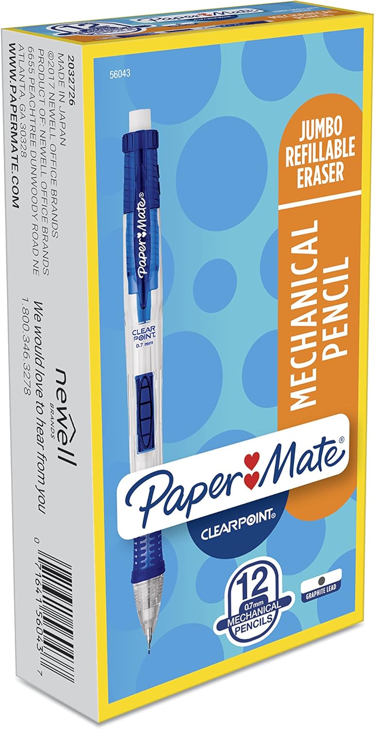 Paper Mate Clearpoint Mechanical Pencils, 0.7mm, HB #2, Blue Barrels, Box of 12 : Paper Mate Mechanical Pencils : Office Products
