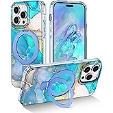 Lamcase for iPhone 14 Pro Case with Magnetic Invisible Ring Stand [Compatible with MagSafe], Full Body Rugged Slim Women Men Girl Shockproof Marble Pattern Design Case, Light Blue