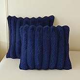 MEGO 2 Pack Fluffy Faux Rabbit Fur Throw Pillow Covers, Comfy Wide Stripe Plush Fuzzy Home Decor Square Cushion Covers with Zipper, Shaggy Furry Pillow Shams for Bed Couch Sofa Chair, 18x18, Navy Blue