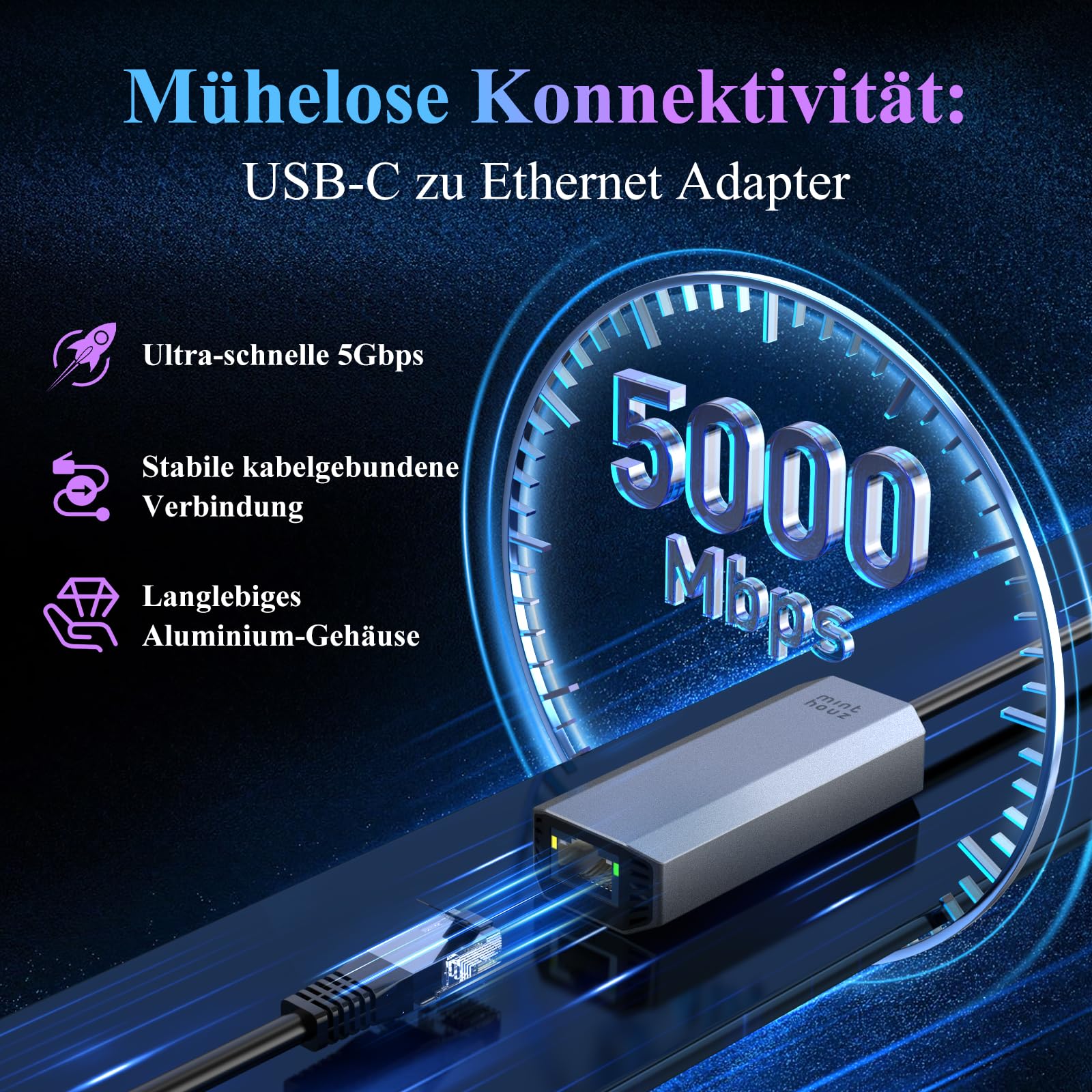 Minthouz USB LAN Adapter,5G Ethernet Adapter,Aluminium RJ45 USB C auf Netzwerkadapter für Dell/HP/Mac,Thunderbolt 4/3 LAN Ethernet Stecker mit 10G Spec für NAS Windows, MAC, Linux 2