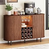 ONBRILL 55" Fluted Wine Bar Cabinet with LED Light Walnut | Liquor Coffee Bar Cabinet, with Wine Rack and Glass Holder, Mid-Century Modern Style, for Living Room Kitchen Entryway