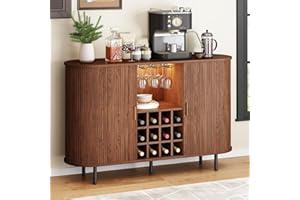 ONBRILL 55" Wine Bar Cabinet with LED Light,Modern Liquor Whiskey Coffee Station with Wine Rack and Glass Holder, Farmhouse Buffet Sideboard with Storage for Living Room, Kitchen, Entryway (Walnut)
