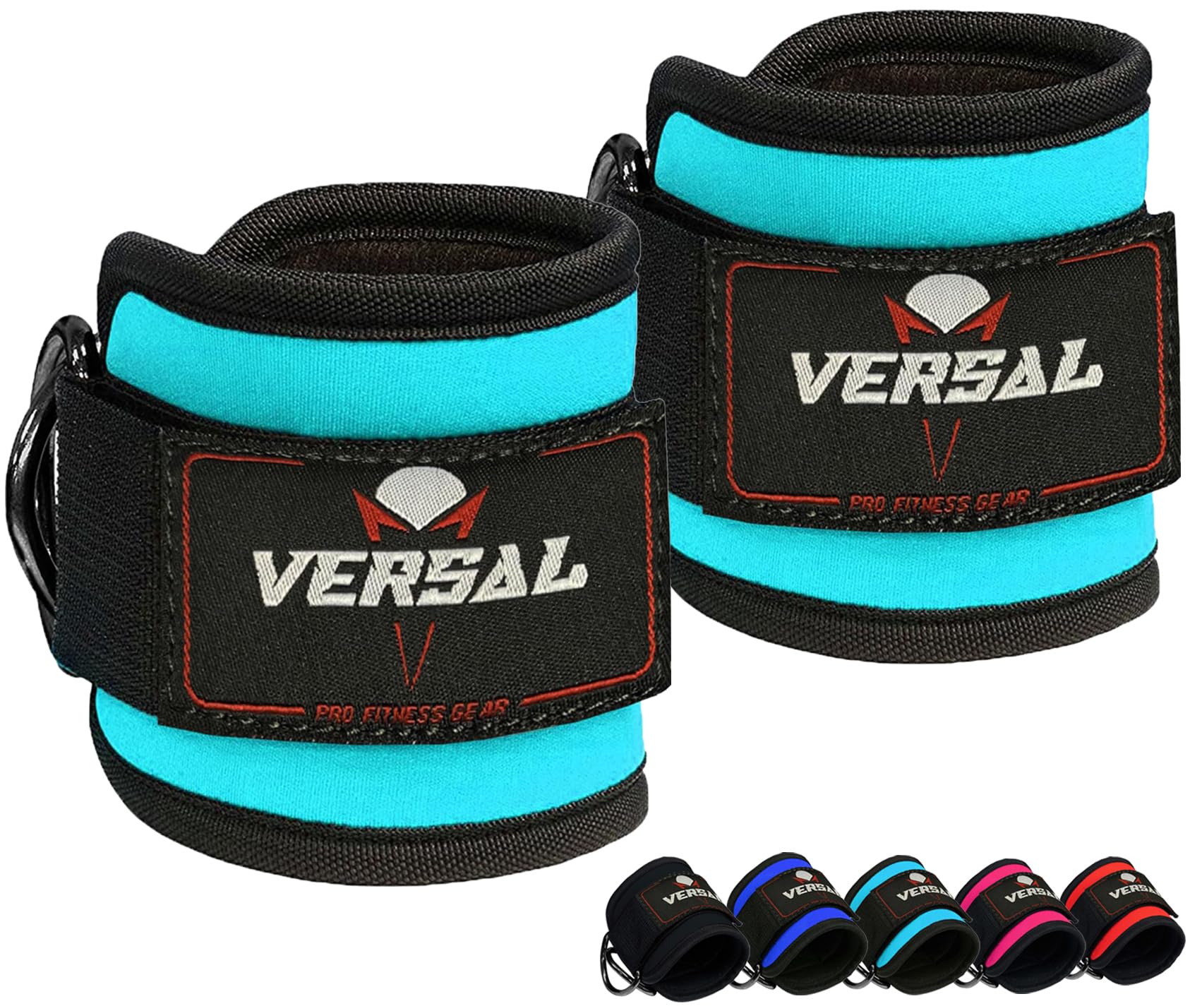 VERSAL Ankle Straps for Cable Machines Attachment Gym Ankle Cuff 7mm Padded Double D Weight Lifting Ankle Strap for Men Women,Glute Workouts,Leg Extensions,Curls,Booty Hip Abductors (Pair, Cyan)