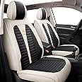 Isen-CoverAuto Full Coverage Faux Leather Car Seat Covers Full Set,Automotive Seat Covers for Cars,SUVs Pick-up Truck, Car Seat Cushion, Black and Cream Seat Covers for 5 Seats