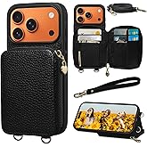Keallce Case for iPhone 17 Pro 6.3'' Case Wallet, Crossbody Zipper Purse with RFID Blocking Card Slots Kickstand, Lanyard & Handstrap Flip Folio Leather Phone Cover for iPhone 17 Pro, Black