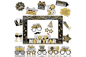 GUPESXU 2026 New Years Photo Booth Props,New Years Eve Party Supplies Black Gold New Year Photo Booth Props with Photo Frame for 2026 New Years Eve Christmas Winter Holiday Party Decorations