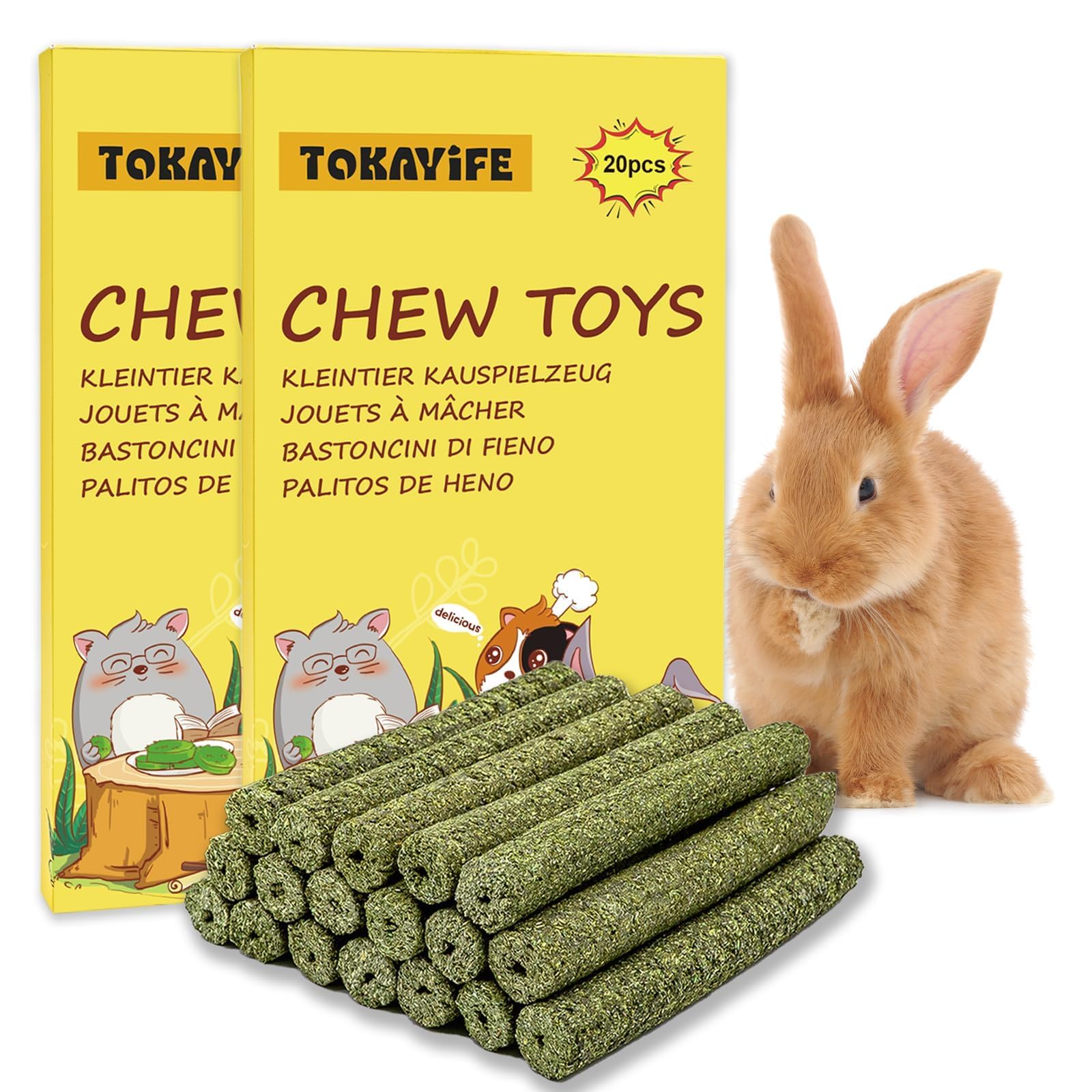 TOKAYIFE Rabbit Chew Toys, 420g Rabbit Treats Natural Timothy Hay Sticks Boredom Breakers for Rabbits, Chinchillas, Guinea Pigs, Hamster, Hedgehogs (40 pcs)