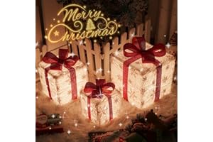 MUEISYTP Christmas Lighted Gift Boxes, Set of 3 Outdoor Lighted Christmas Decorations LED Gift Boxes for Christmas Tree, Light up Present Boxes for Home Indoor Christmas Lighted Outdoor Display(White Plush)
