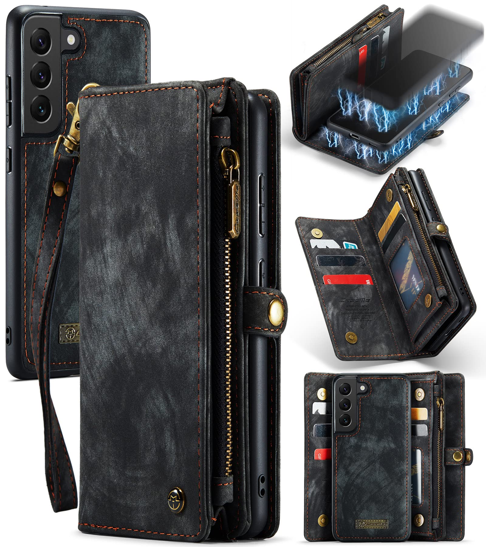 UFinetech Detachable Samsung Galaxy S21 Plus Case Wallet Magnetic Flip Design TPU Leather Card Holder Slot Zipper Stylish Luxury 2-in-1 Cover Purse Holster for Samsung Galaxy S21+ 5G 2021 Black