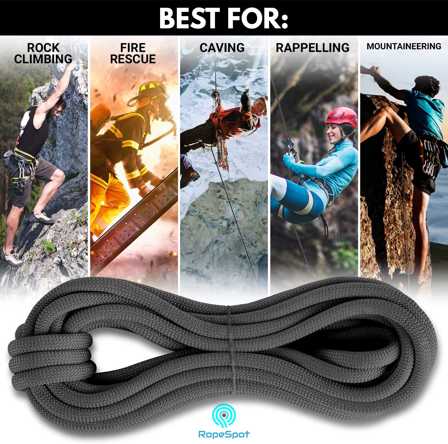Powerful Static Rock Climbing Rope (Black, 96) : Sports & Outdoors